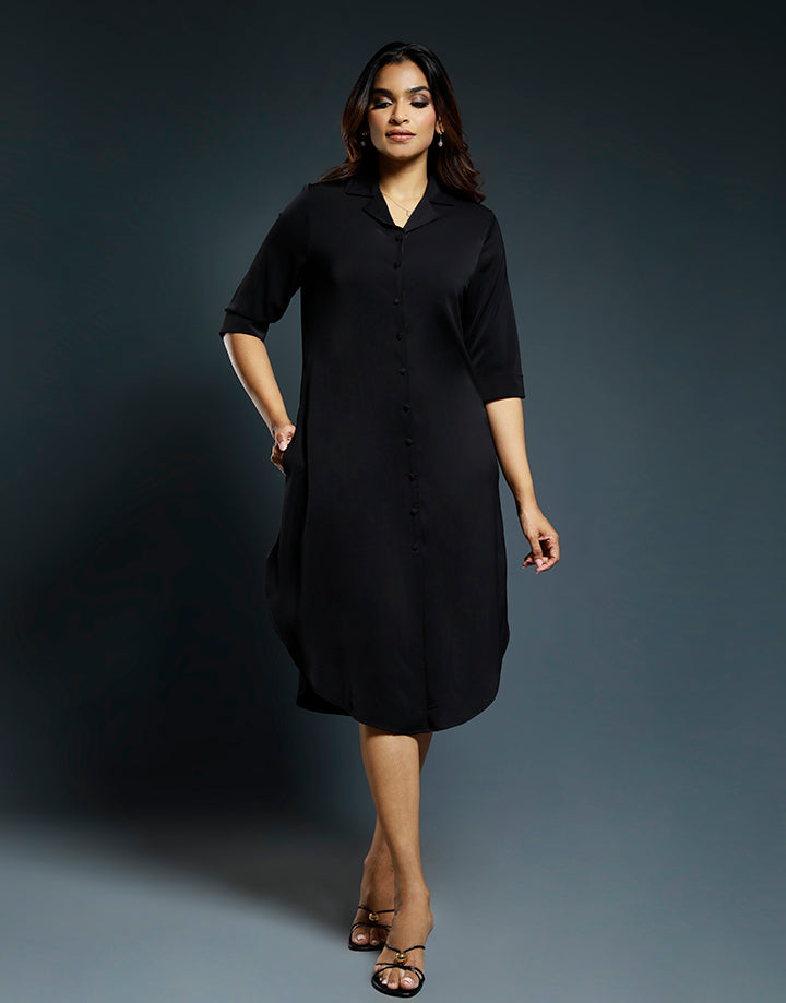 Folded Sleeve Shirt Dress with Pockets