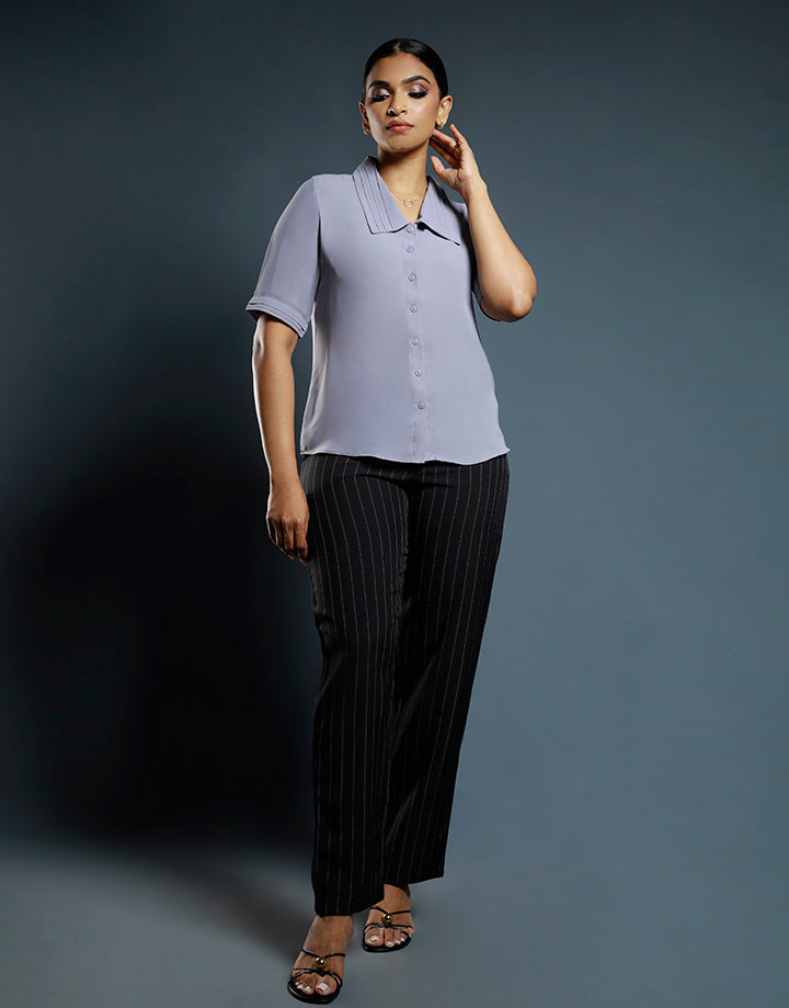 Short Sleeves Top with Pintucks Collar