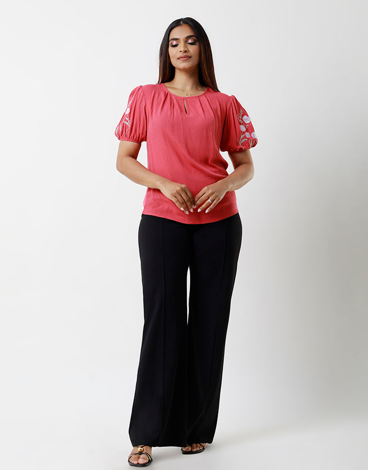 Short Puff Sleeve Embroidery Top