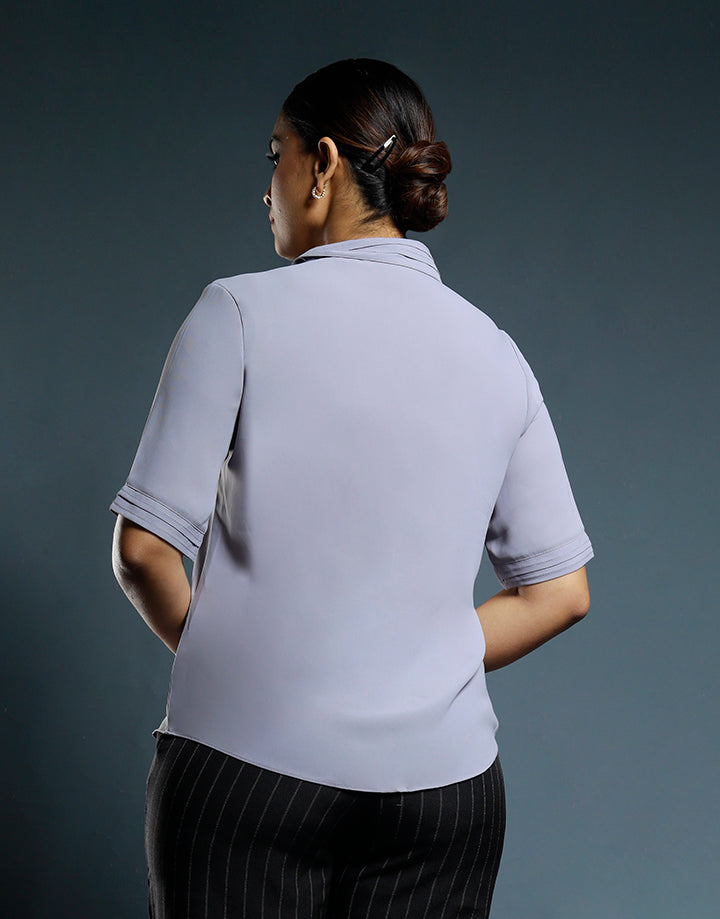 Short Sleeves Top with Pintucks Collar