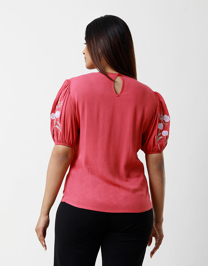Short Puff Sleeve Embroidery Top