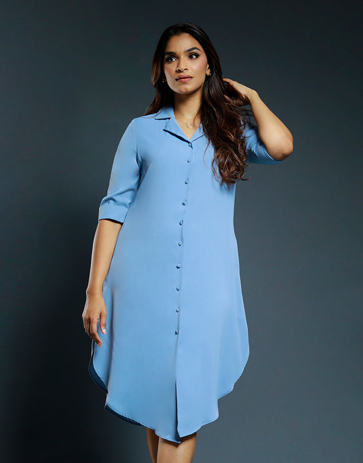 Folded Sleeve Shirt Dress with Pockets