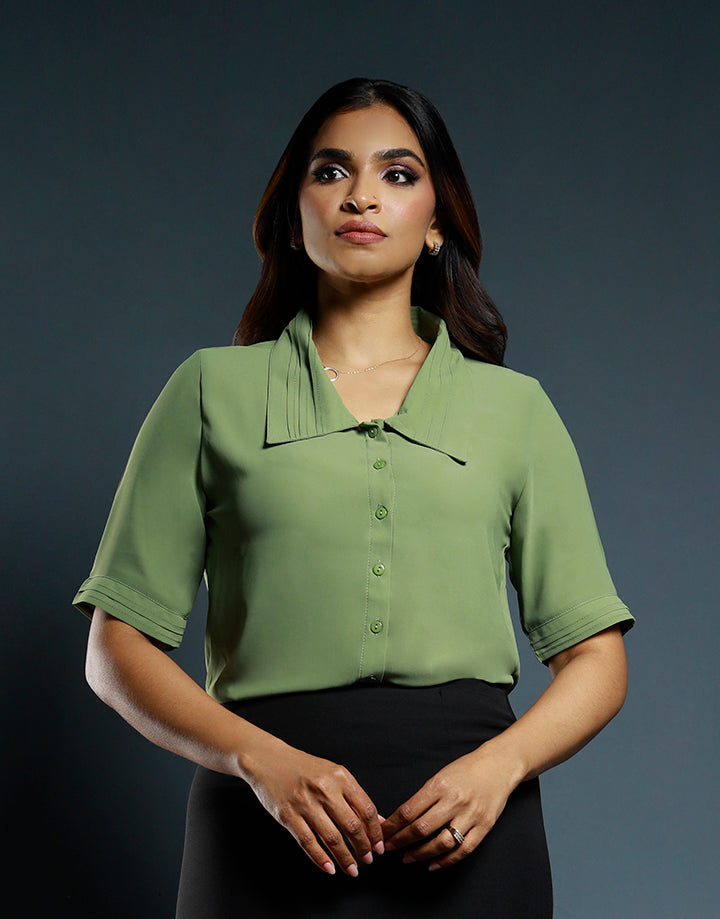 Short Sleeves Top with Pintucks Collar