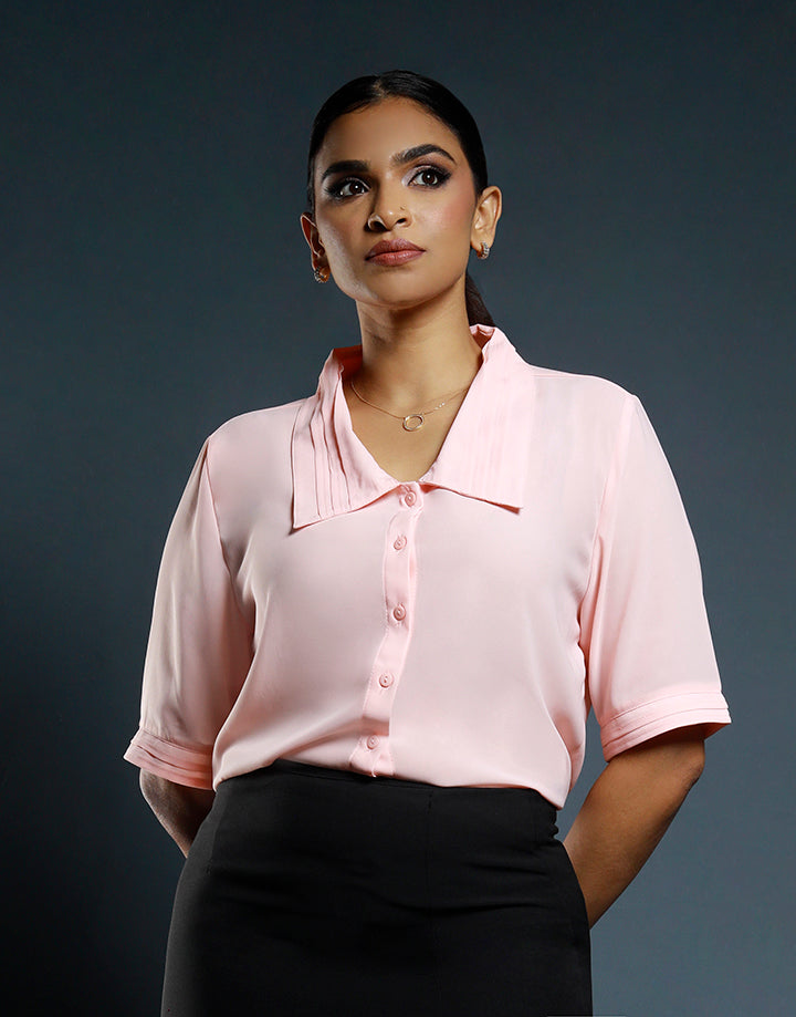 Short Sleeves Top with Pintucks Collar