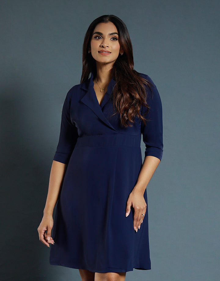 3/4 Sleeve Blazer Dress with Pleat Detail