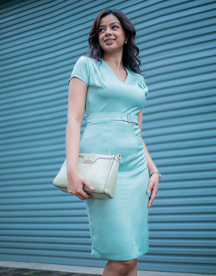 Belted V-Neck with Cap Sleeve Shift Dress