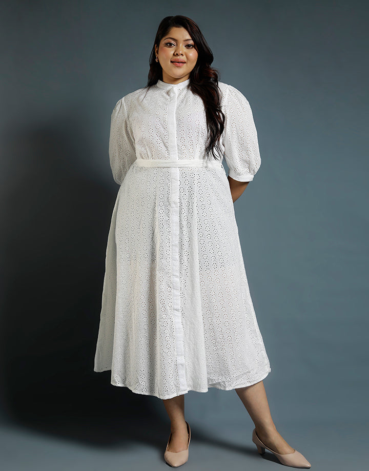 White Cut Lawn Maxi Dress with Belt