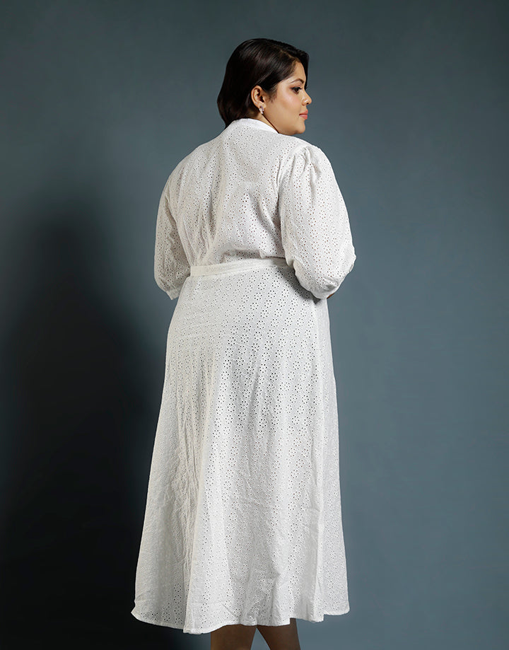White Cut Lawn Maxi Dress with Belt