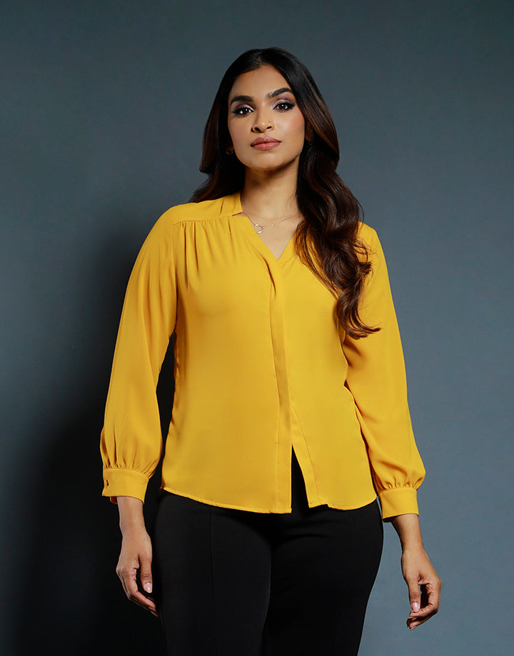 Long Sleeve Blouse with Front York Gathers