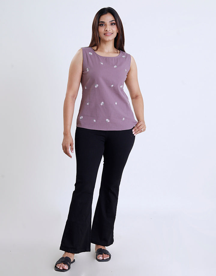 Round Neck Sleeveless Embroidered Top