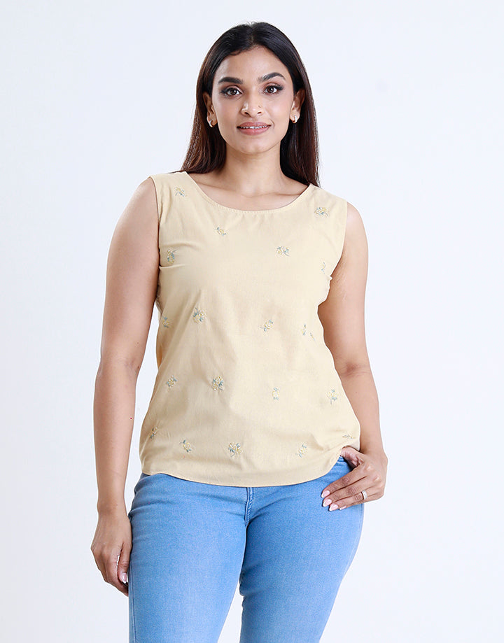 Round Neck Sleeveless Embroidered Top