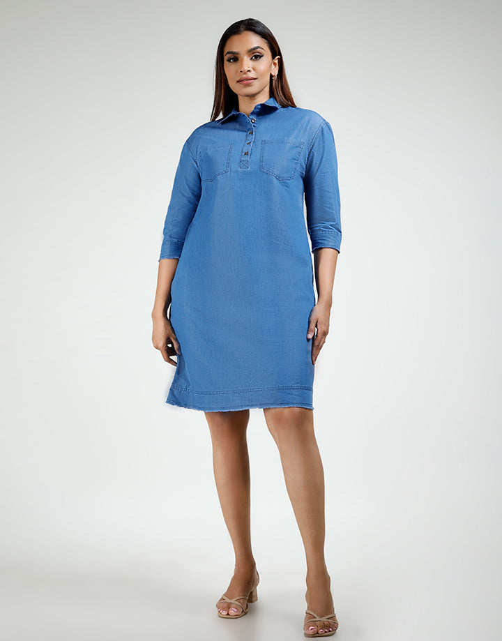 3/4 Sleeve Shirt Dress with Frayed Hem