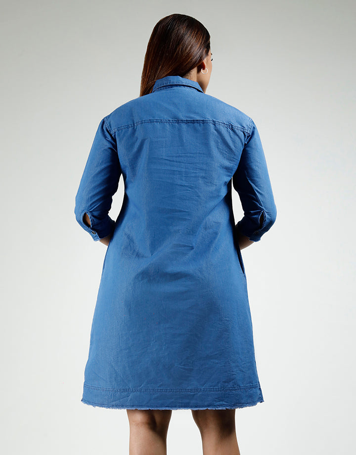 3/4 Sleeve Shirt Dress with Frayed Hem