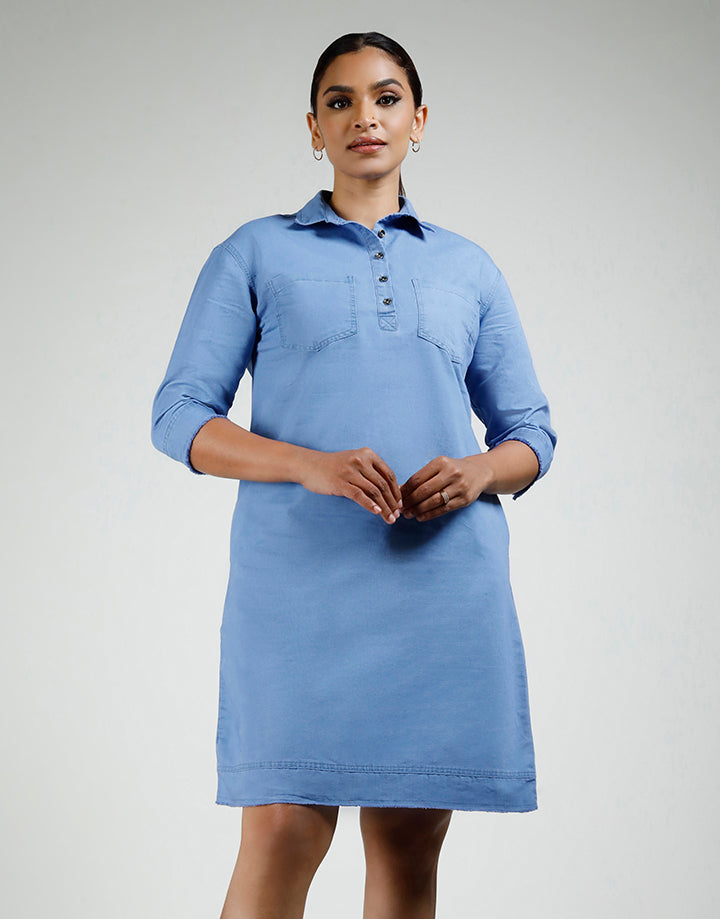 3/4 Sleeve Shirt Dress with Frayed Hem