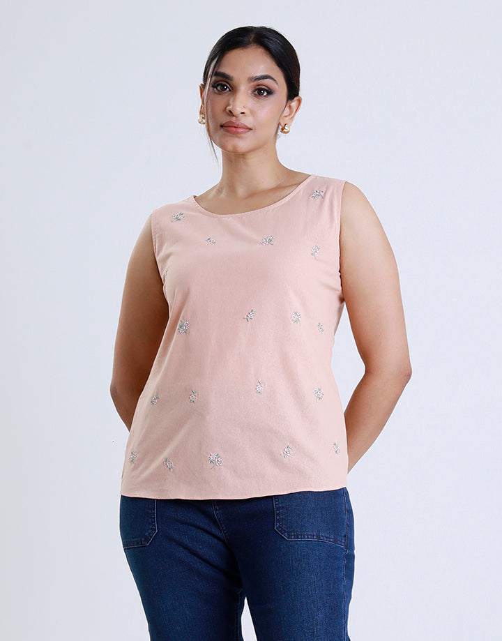 Round Neck Sleeveless Embroidered Top
