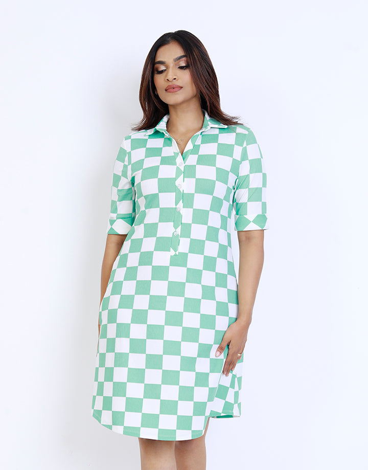 Checked Shirt Dress with Folded Sleeve