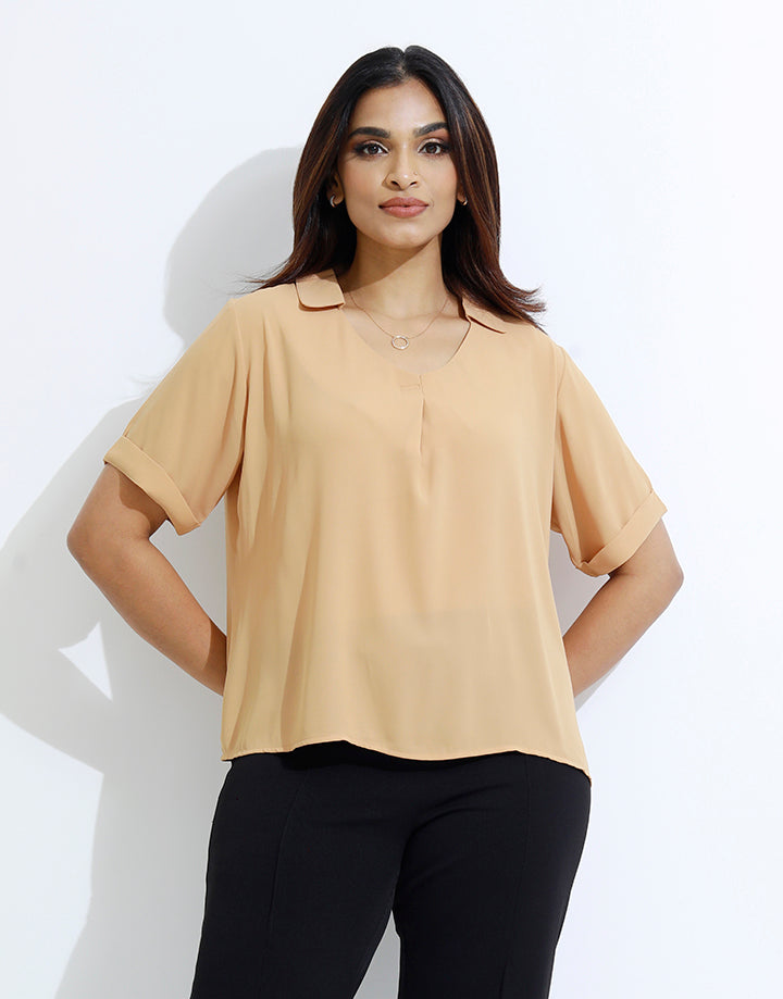 Folded Sleeve Top with Collar