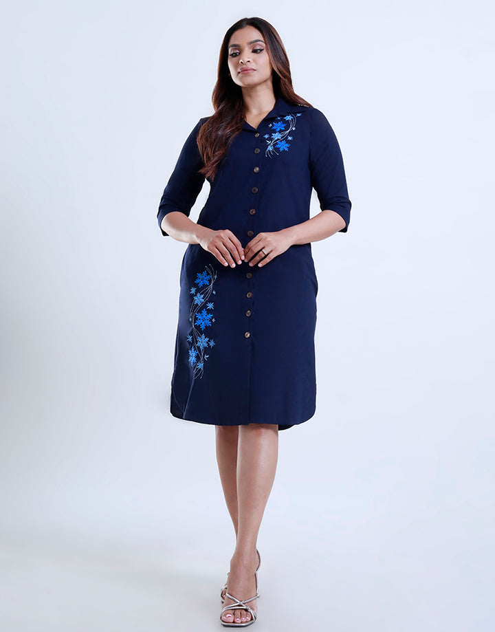 3/4 Sleeve Collar Embroidery Dress