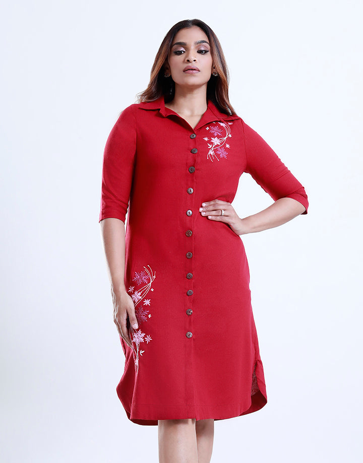 3/4 Sleeve Collar Embroidery Dress