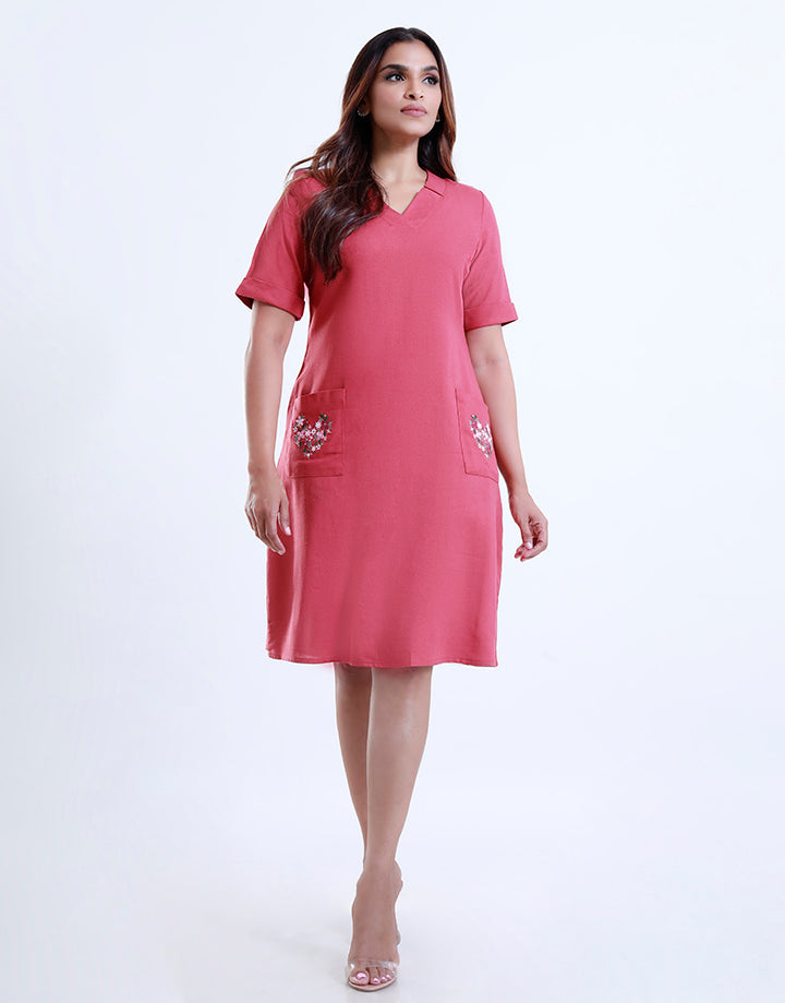 Pocket with V-Neck Solid Tunic Dress