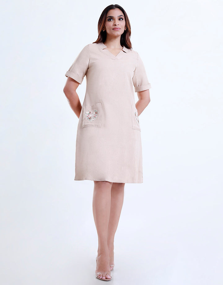 Pocket with V-Neck Solid Tunic Dress