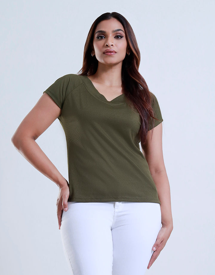 Rib Fitted Top with V-Fold Neckline