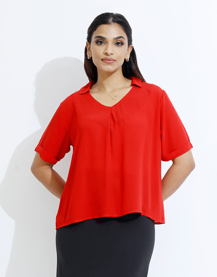 Folded Sleeve Top with Collar
