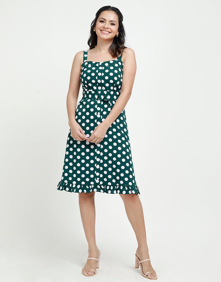 Polka Dotted Strappy Dress with Belt