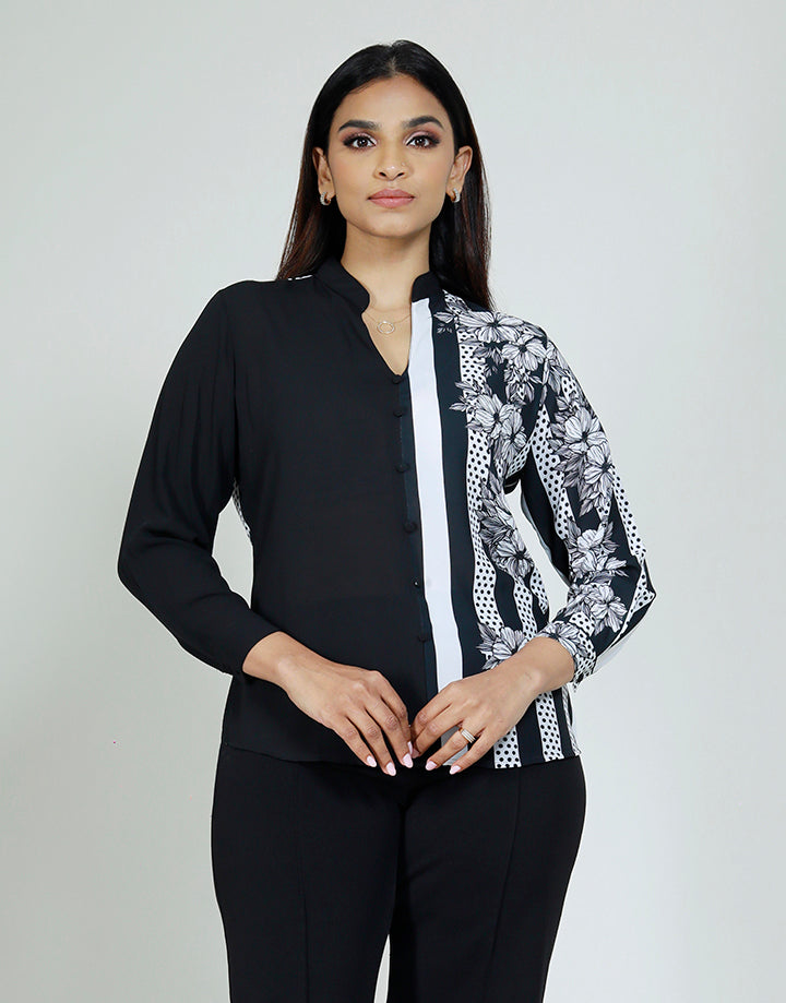 Striped Floral Print Long Sleeve Blouse
