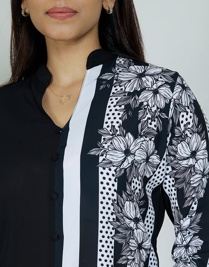Striped Floral Print Long Sleeve Blouse