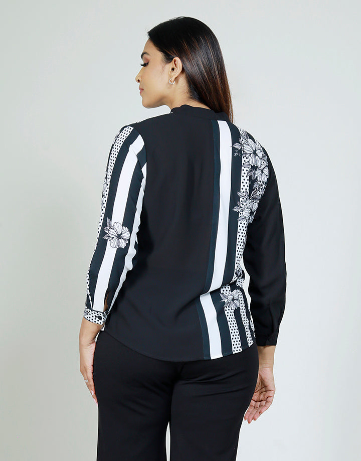 Striped Floral Print Long Sleeve Blouse