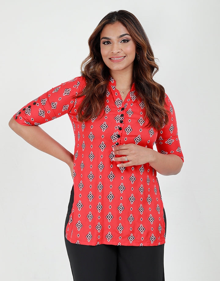 Chinese Collared Printed Kurtha with Buttons