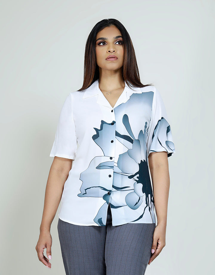 Notch Collar Flower Print Blouse