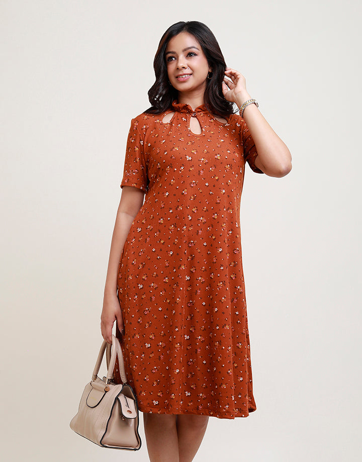 Short Sleeve Neck Keyhole Rib Dress