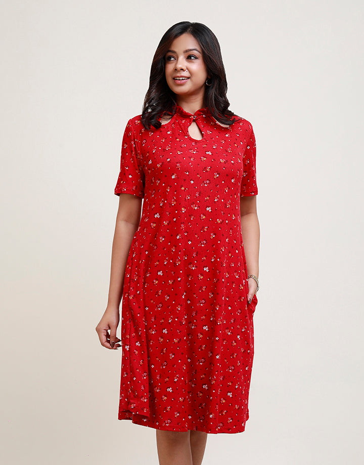 Short Sleeve Neck Keyhole Rib Dress