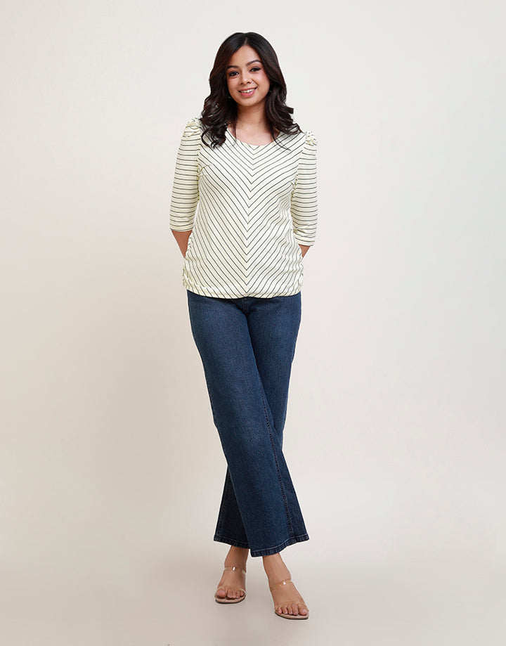 Gather  Sleeve Chevron Stripe  T-Shirt