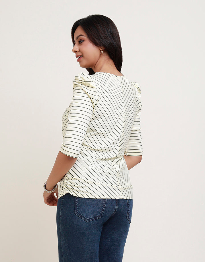 Gather  Sleeve Chevron Stripe  T-Shirt