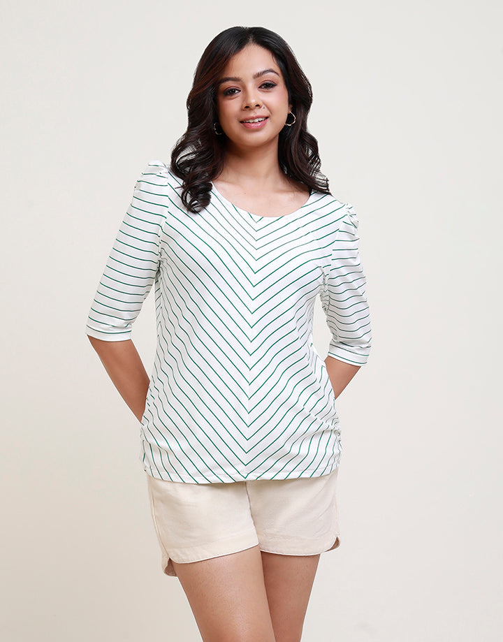 Gather  Sleeve Chevron Stripe  T-Shirt
