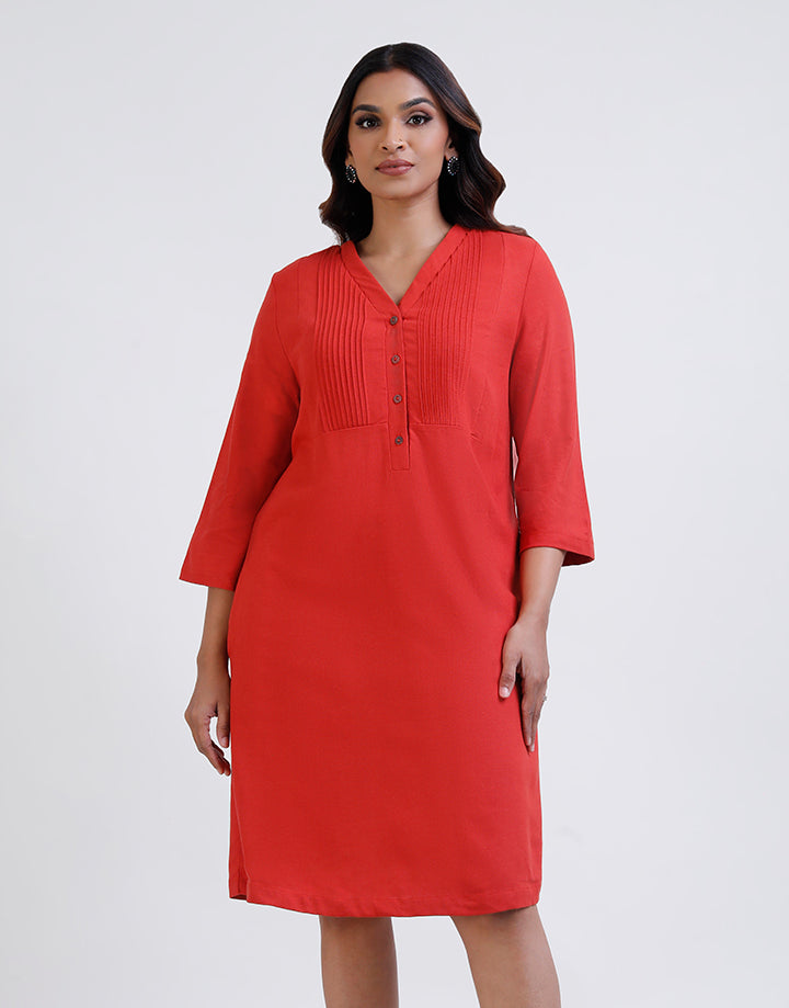 3/4 Sleeve Pintuck Detail Pocket Dress