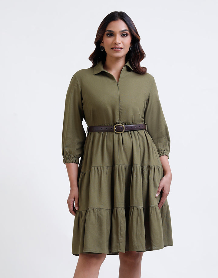 3/4 Sleeve Front Ziper with Tiered Dress