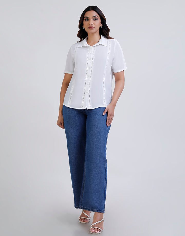 Short Sleeve Ladder Detail Collar Blouse