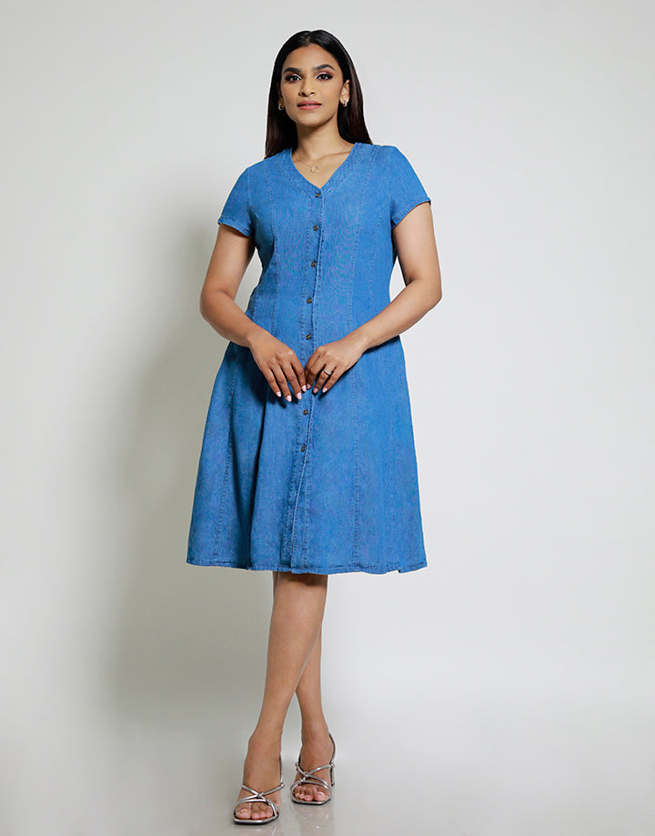 Short Sleeve V Neck Button Down Panel Dress