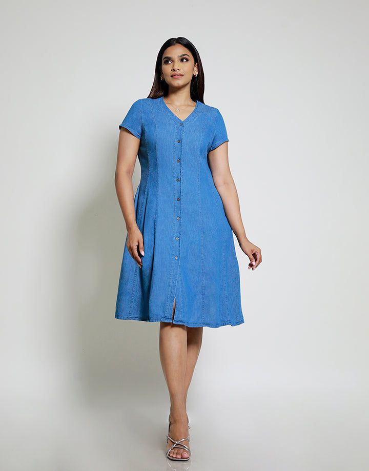 Short Sleeve V Neck Button Down Panel Dress