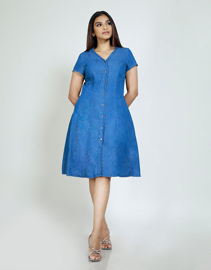 Short Sleeve V Neck Button Down Panel Dress