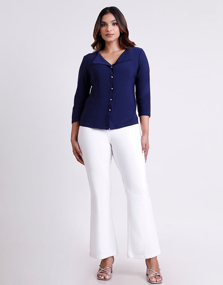 Turn Down Collar Top with 3/4 Sleeve