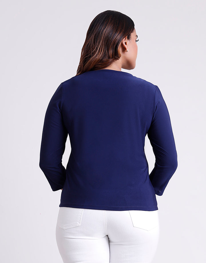 Turn Down Collar Top with 3/4 Sleeve