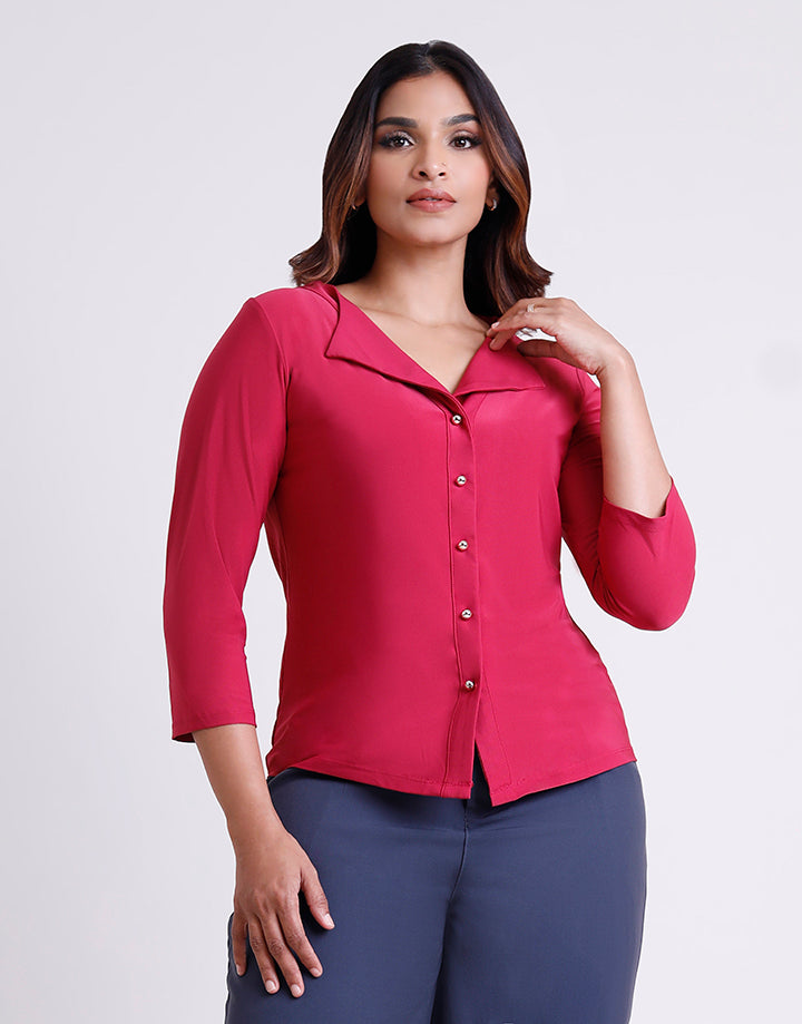 Turn Down Collar Top with 3/4 Sleeve