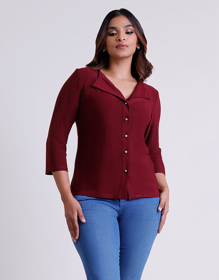 Turn Down Collar Top with 3/4 Sleeve