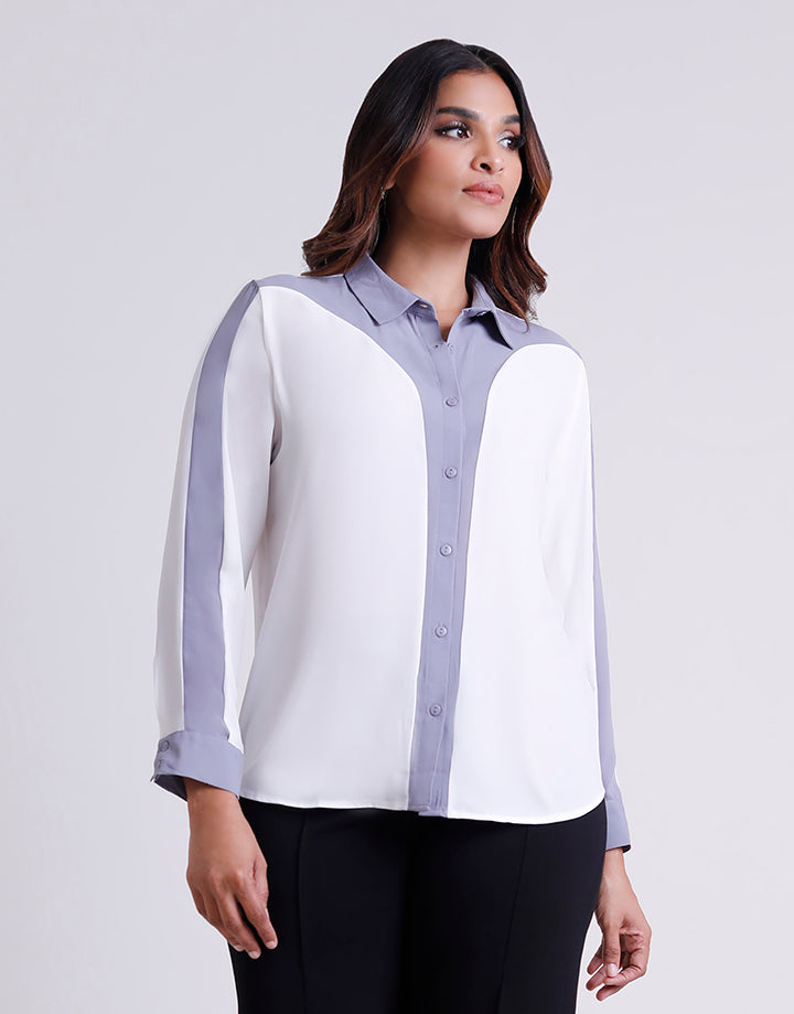 Long Sleeve Colour Block Button Down Blouse