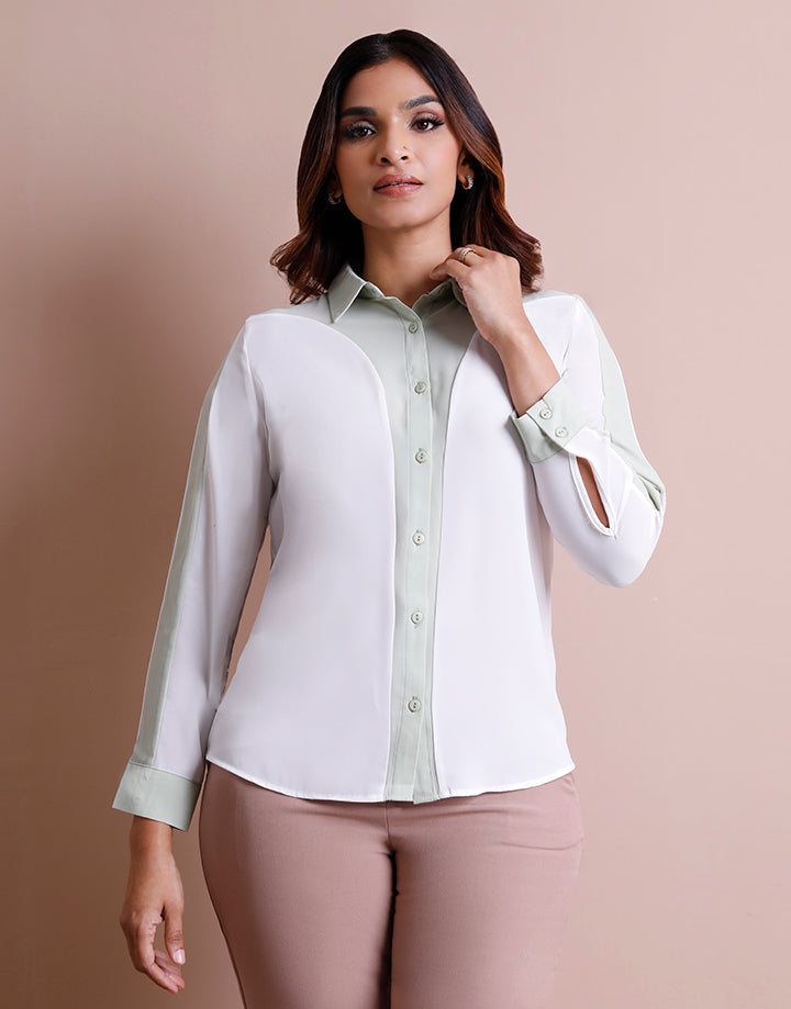 Long Sleeve Colour Block Button Down Blouse